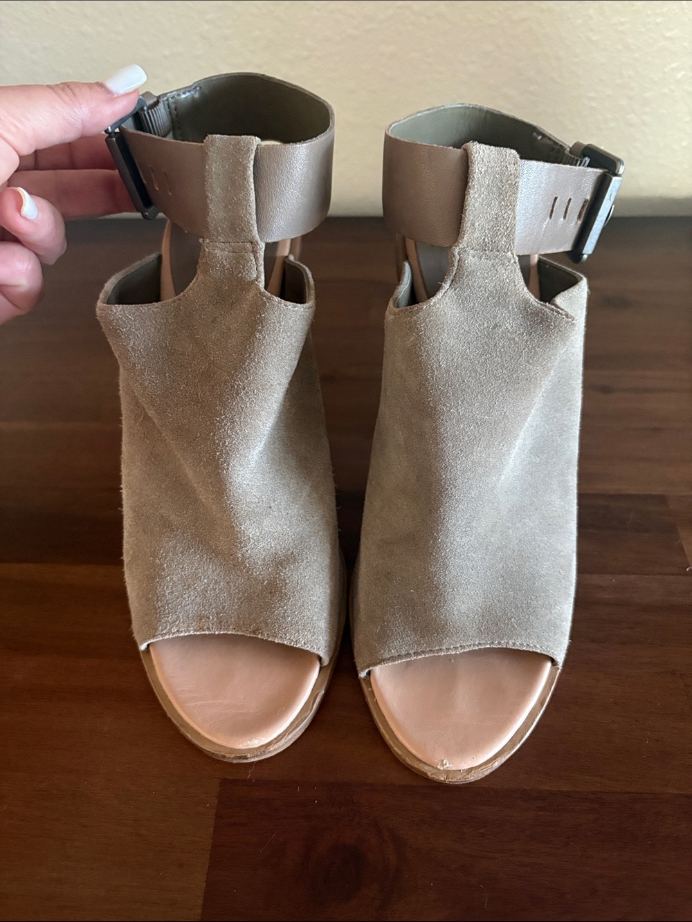 Marc Fisher Taupe Suede Open-Toe Ankle Strap Clog Mules
